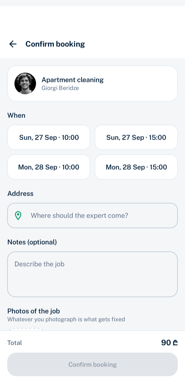 The booking screen showing the service, time and agreed price