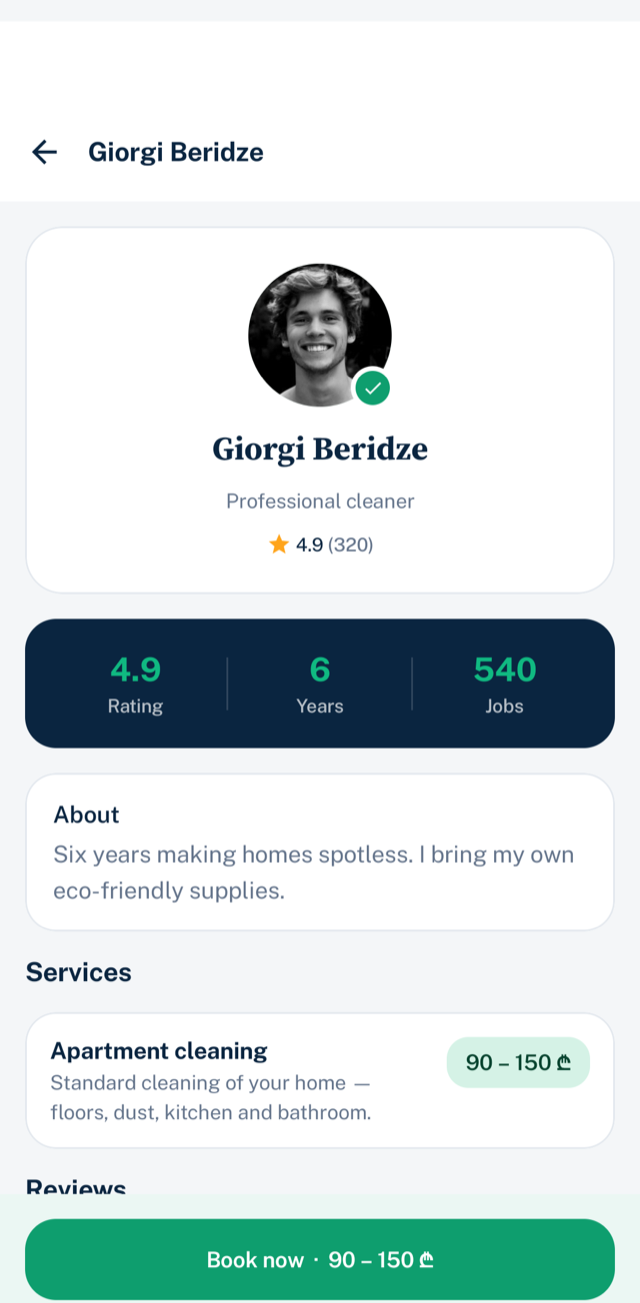 A professional's profile in the app showing rating, years of experience and services