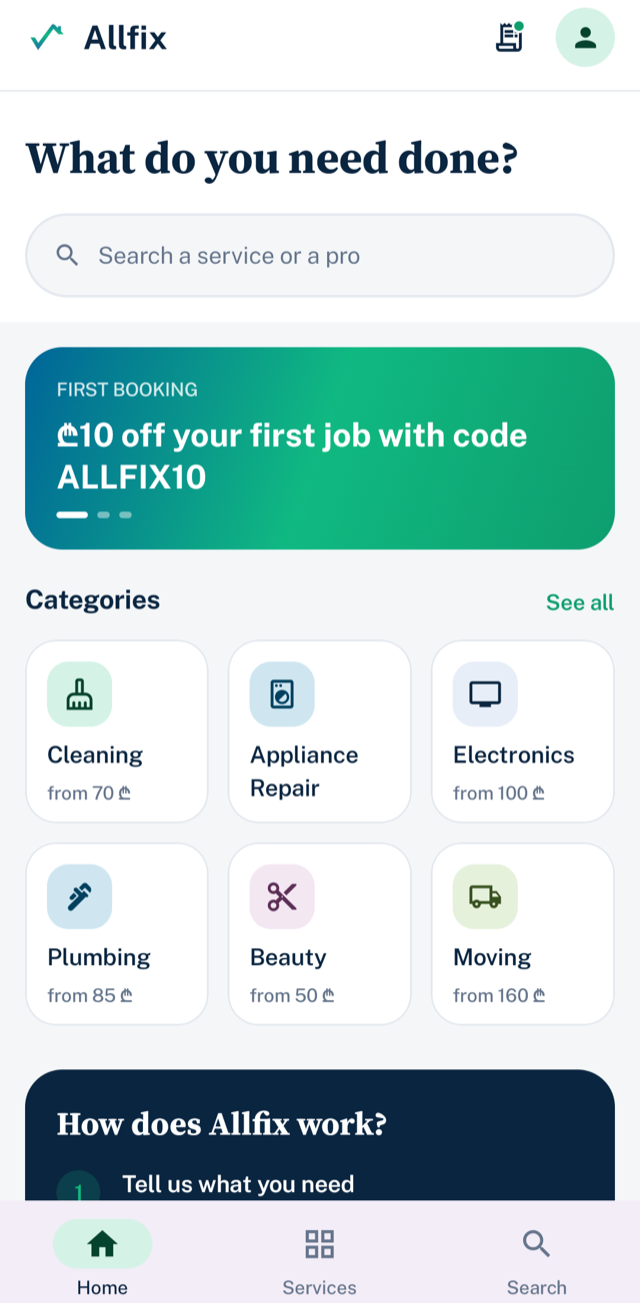 The Allfix app home screen showing service categories and prices