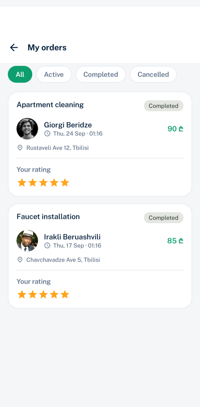 The orders screen showing completed jobs and customer ratings