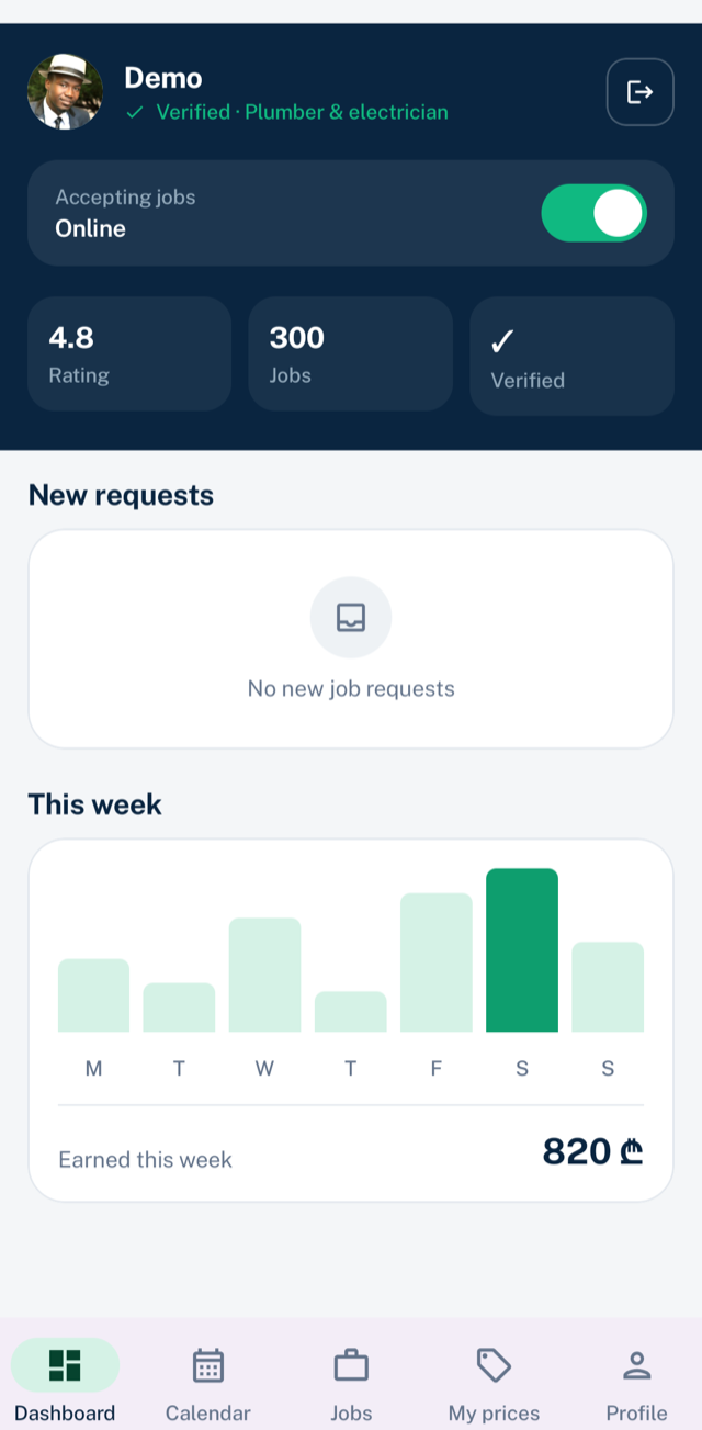 The Allfix professional dashboard showing earnings this week, ratings and job requests
